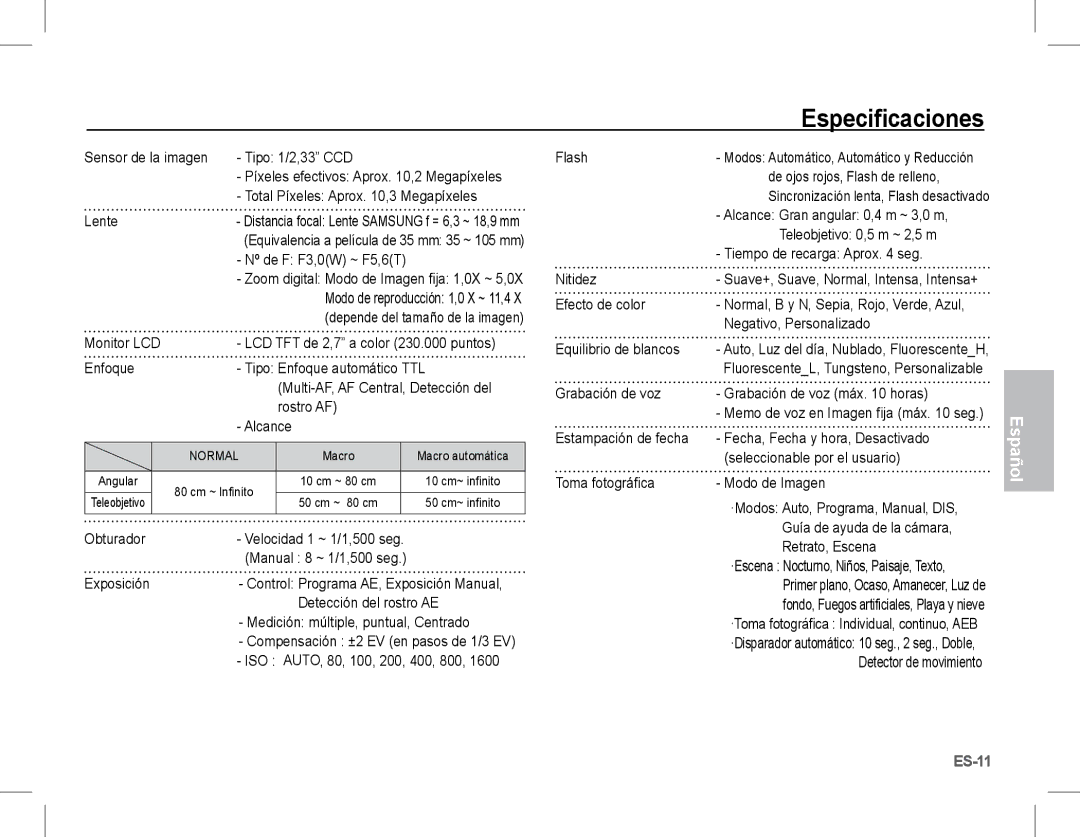 Samsung EC-S1070BDA/E3, EC-S1070BBA/FR, EC-S1070SBA/FR, EC-S1070WBA/FR, EC-S1070PBA/FR, EC-S1070BBA/IT manual Especificaciones 