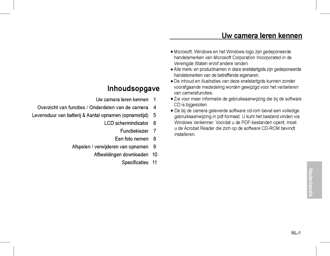 Samsung EC-S1070SBE/ZA, EC-S1070BBA/FR, EC-S1070SBA/FR, EC-S1070WBA/FR, EC-S1070PBA/FR Inhoudsopgave, Uw camera leren kennen 