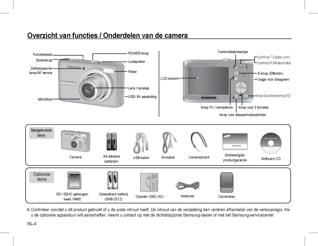 Samsung EC-S1070SBB/AS manual Overzicht van functies / Onderdelen van de camera, Meegeleverde Items, Optionele Items 