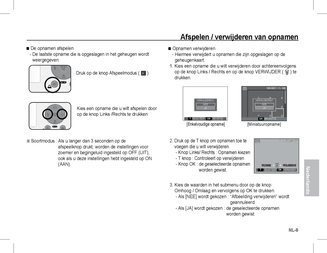 Samsung EC-S1070SBA/VN manual Afspelen / verwijderen van opnamen, Knop Controleert op verwijderen, Enkelvoudige opname 