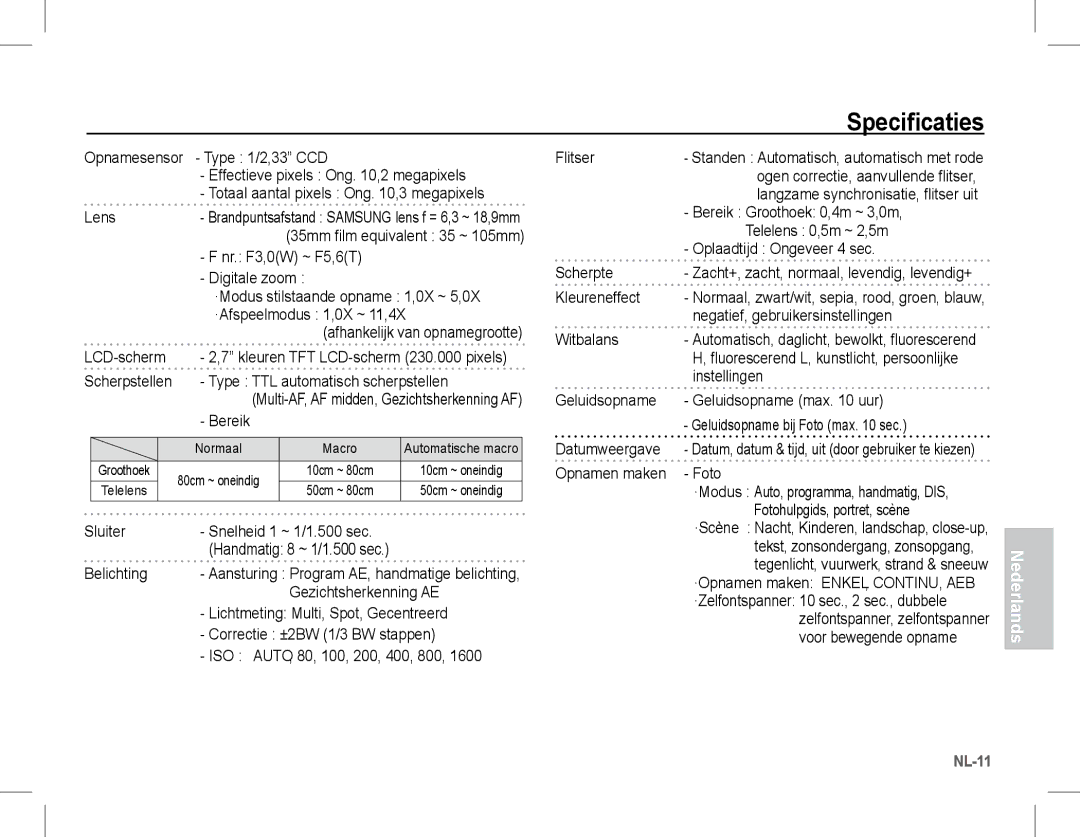 Samsung EC-S1070PBA/VN, EC-S1070BBA/FR, EC-S1070SBA/FR, EC-S1070WBA/FR, EC-S1070PBA/FR, EC-S1070BBA/IT manual Specificaties 