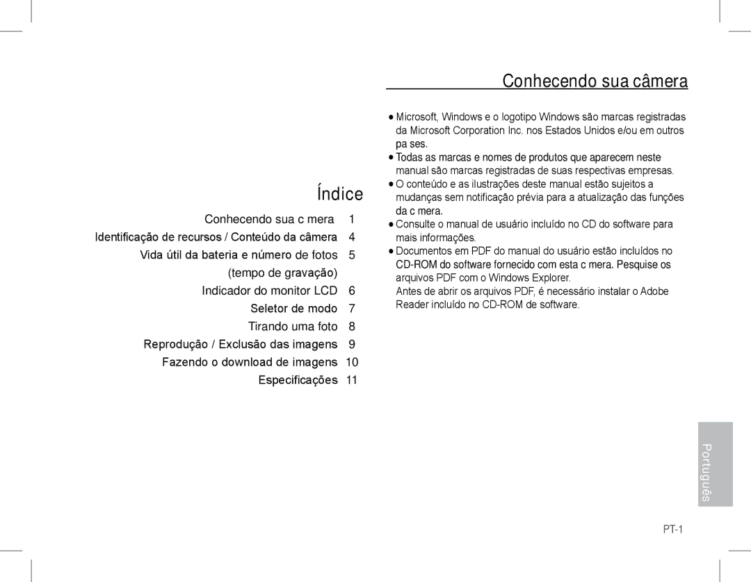 Samsung EC-S1070PBA/E2, EC-S1070BBA/FR manual Índice, Conhecendo sua câmera, Identificação de recursos / Conteúdo da câmera 