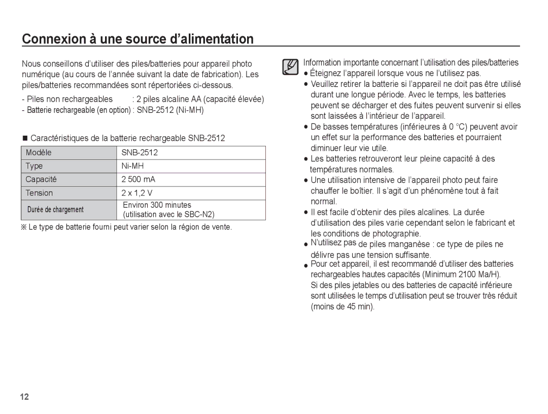 Samsung EC-S1070SBA/FR manual Connexion à une source d’alimentation, Batterie rechargeable en option SNB-2512 Ni-MH 