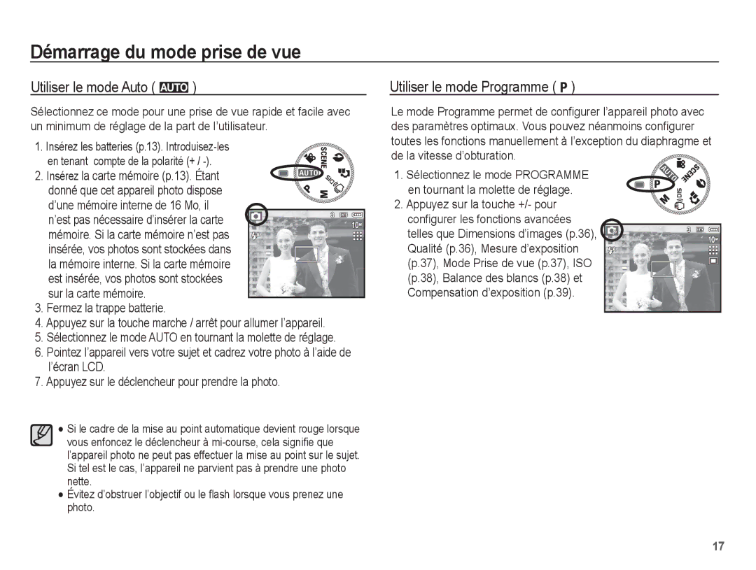 Samsung EC-S1070WBA/FR, EC-S1070BBA/FR Démarrage du mode prise de vue, Utiliser le mode Auto μ, Utiliser le mode Programme 