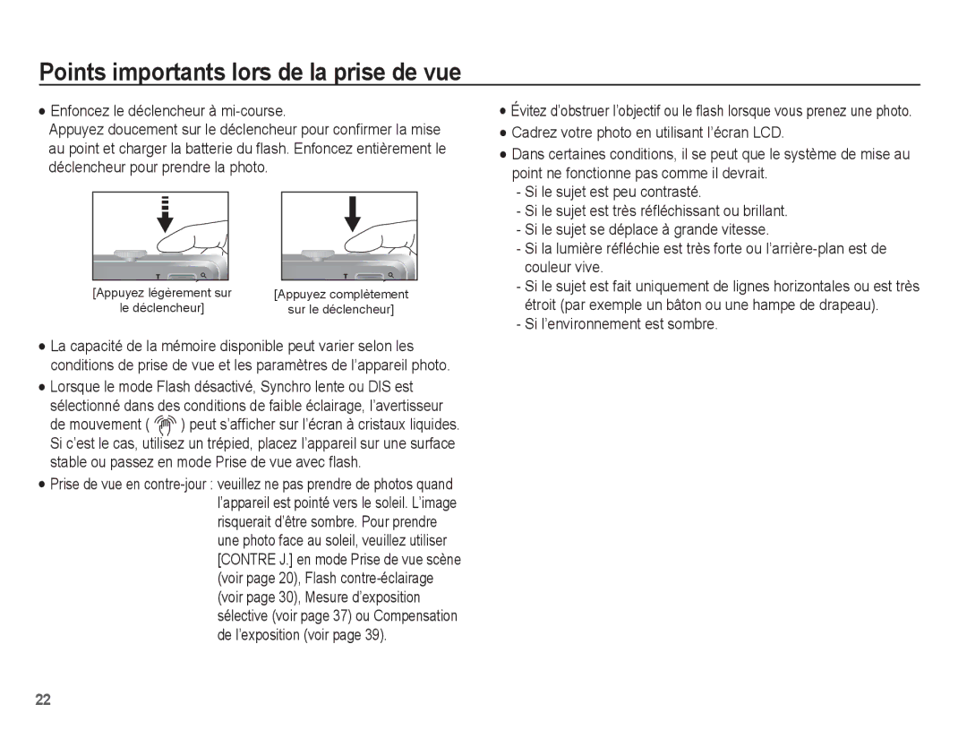 Samsung EC-S1070PBA/FR, EC-S1070BBA/FR manual Points importants lors de la prise de vue, Enfoncez le déclencheur à mi-course 