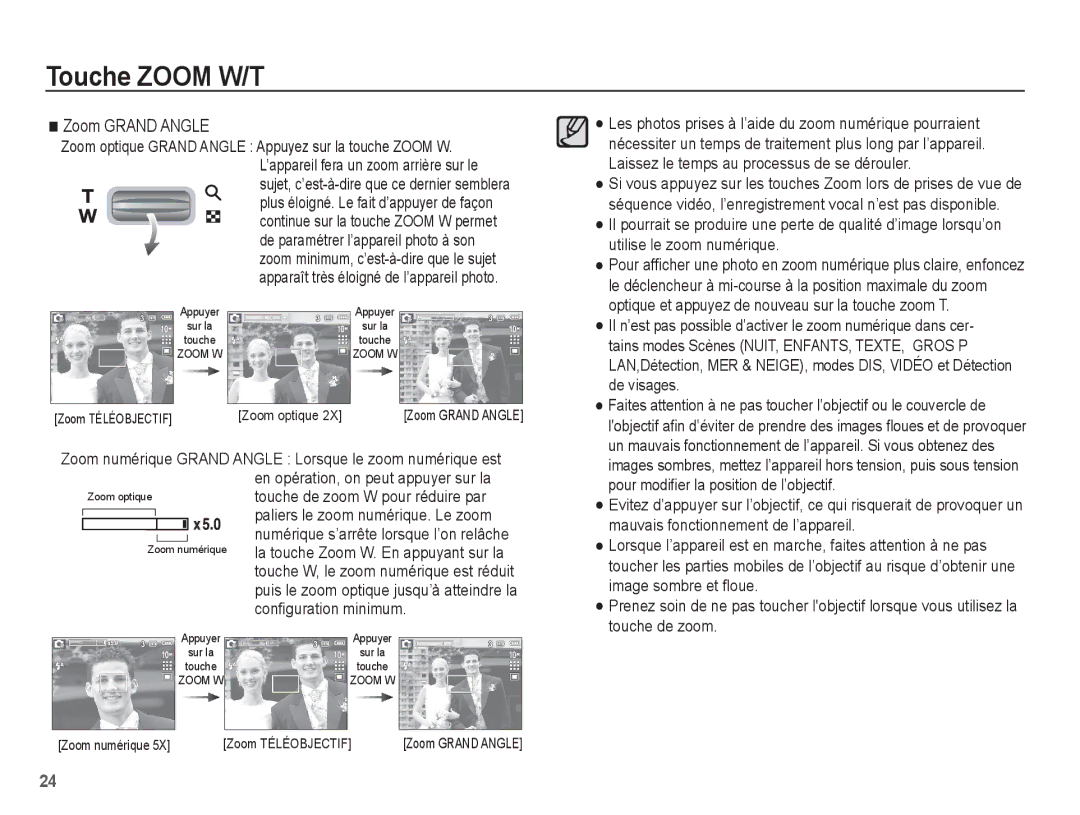 Samsung EC-S1070SBA/FR manual Zoom Grand Angle, En opération, on peut appuyer sur la, Touche de zoom W pour réduire par 