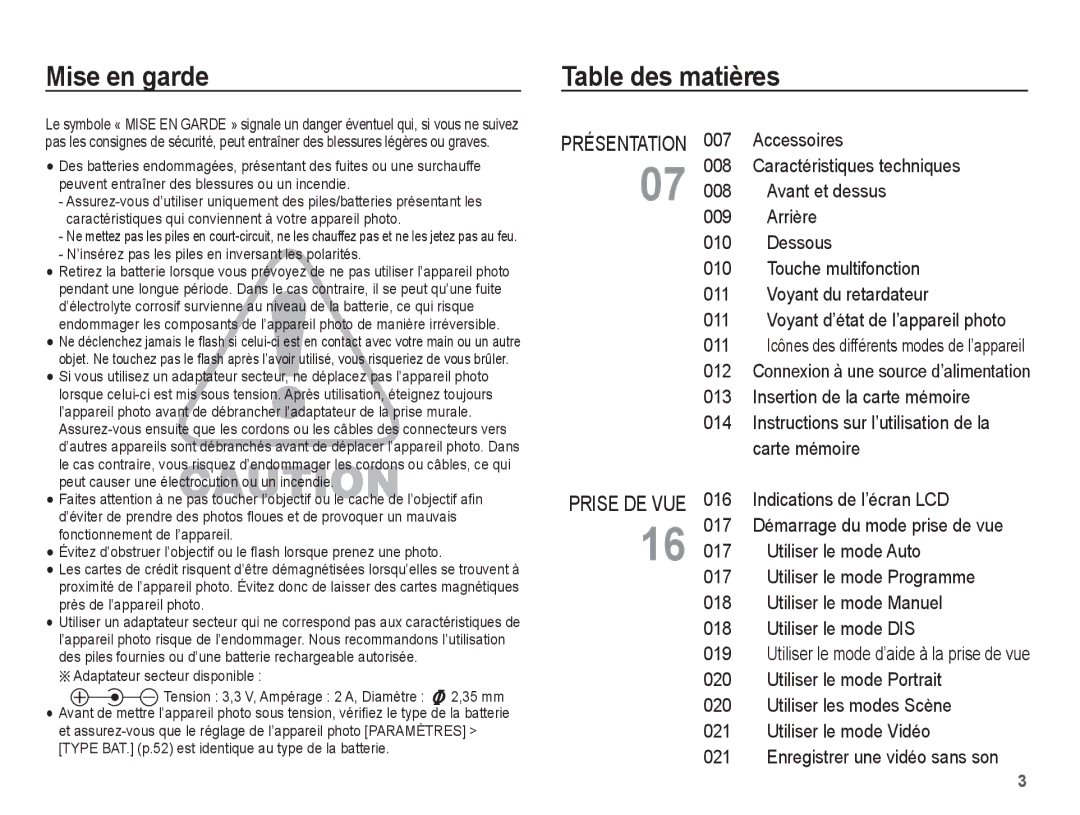 Samsung EC-S1070BBA/FR, EC-S1070SBA/FR Mise en garde, Table des matières, Démarrage du mode prise de vue, Présentation 