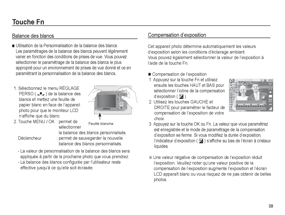 Samsung EC-S1070BBA/FR manual Compensation d’exposition, Utilisation de la Personnalisation de la balance des blancs 