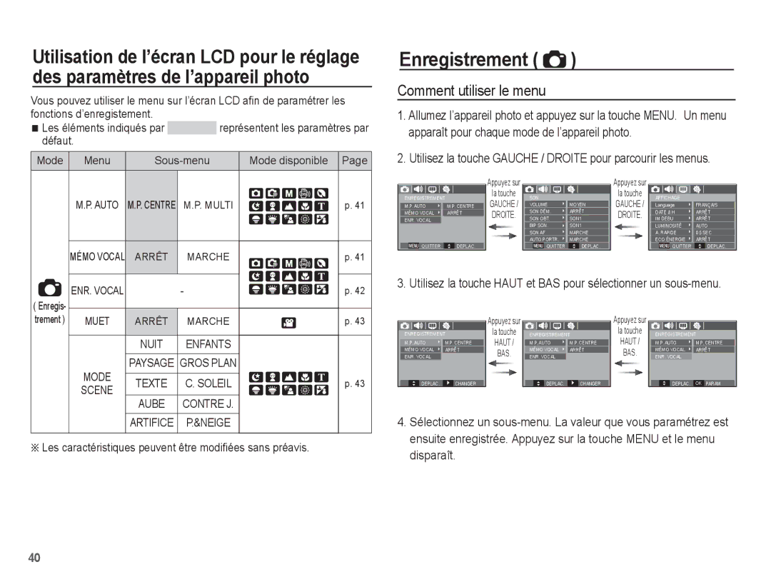 Samsung EC-S1070SBA/FR manual Enregistrement, Comment utiliser le menu, Mode disponible, Marche, Artifice P.&NEIGE 