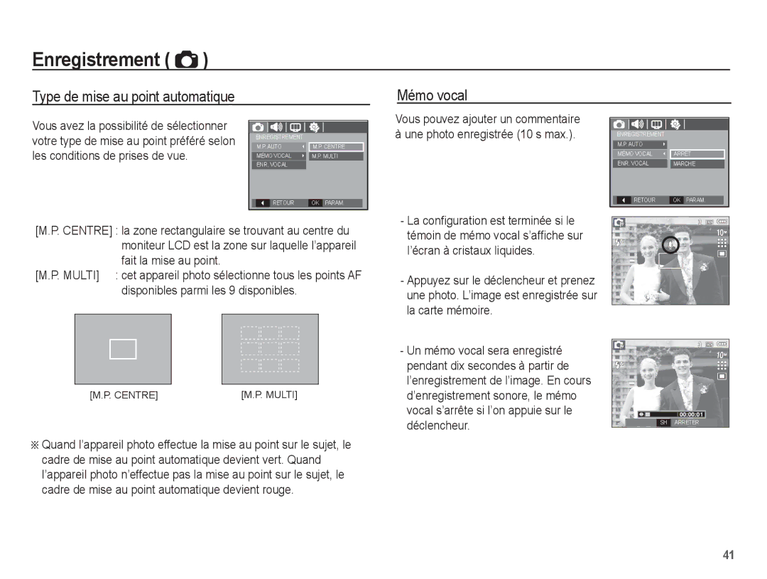 Samsung EC-S1070WBA/FR, EC-S1070BBA/FR, EC-S1070SBA/FR, EC-S1070PBA/FR manual Type de mise au point automatique Mémo vocal 