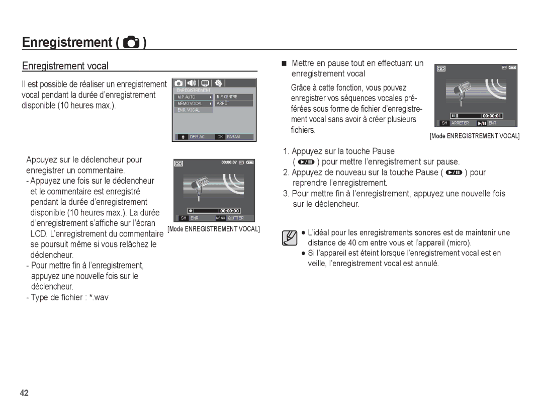 Samsung EC-S1070PBA/FR, EC-S1070BBA/FR Enregistrement vocal, Disponible 10 heures max, Et le commentaire est enregistré 