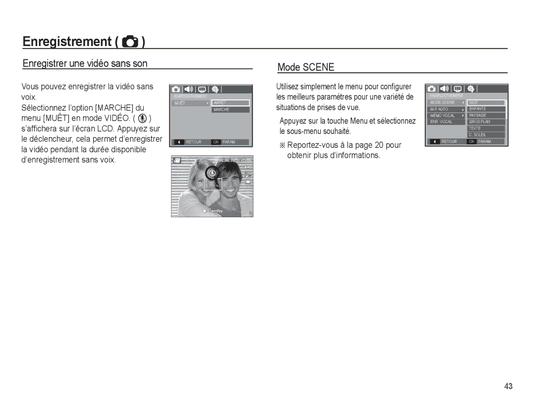 Samsung EC-S1070BBA/FR manual Enregistrer une vidéo sans son Mode Scene, Vous pouvez enregistrer la vidéo sans voix 