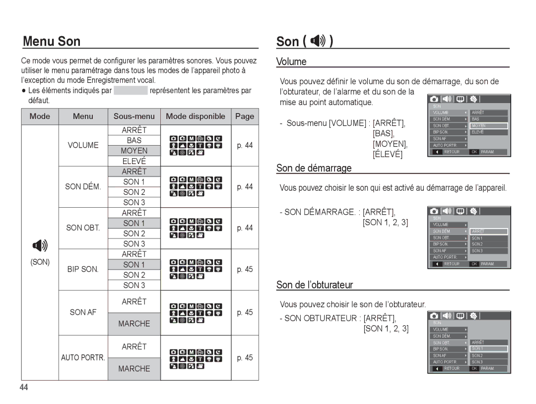 Samsung EC-S1070SBA/FR, EC-S1070BBA/FR, EC-S1070WBA/FR manual Menu Son, Son , Volume, Son de démarrage, Son de l’obturateur 