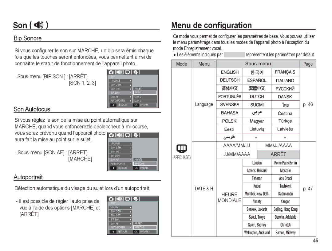 Samsung EC-S1070WBA/FR, EC-S1070BBA/FR, EC-S1070SBA/FR manual Menu de conﬁguration, Bip Sonore, Son Autofocus, Autoportrait 