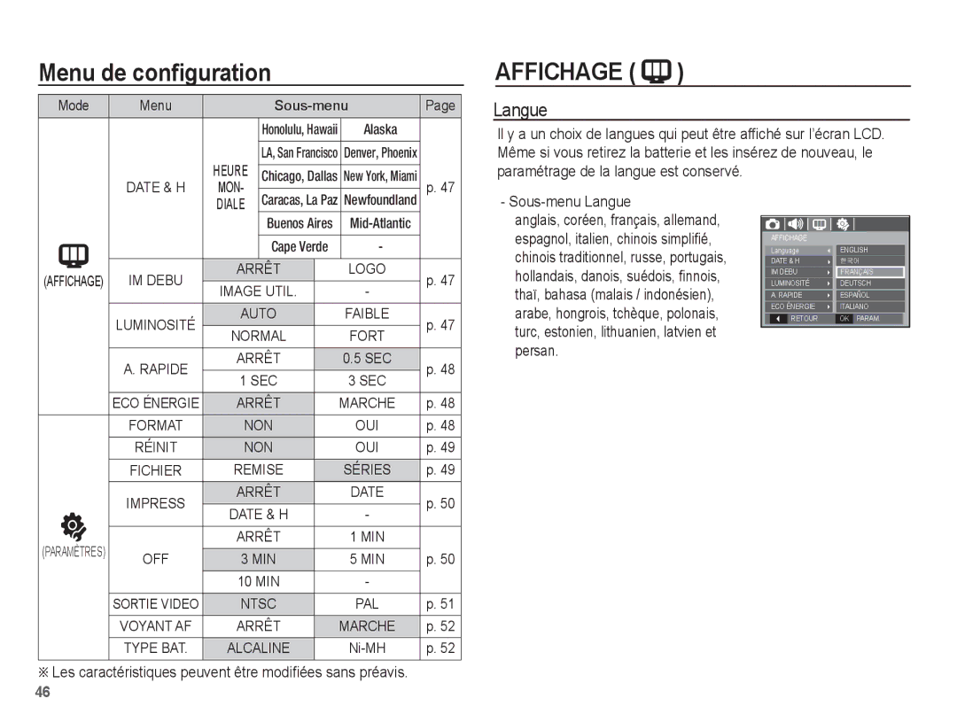 Samsung EC-S1070PBA/FR, EC-S1070BBA/FR, EC-S1070SBA/FR, EC-S1070WBA/FR manual Langue, Alaska, Affichage IM Debu 