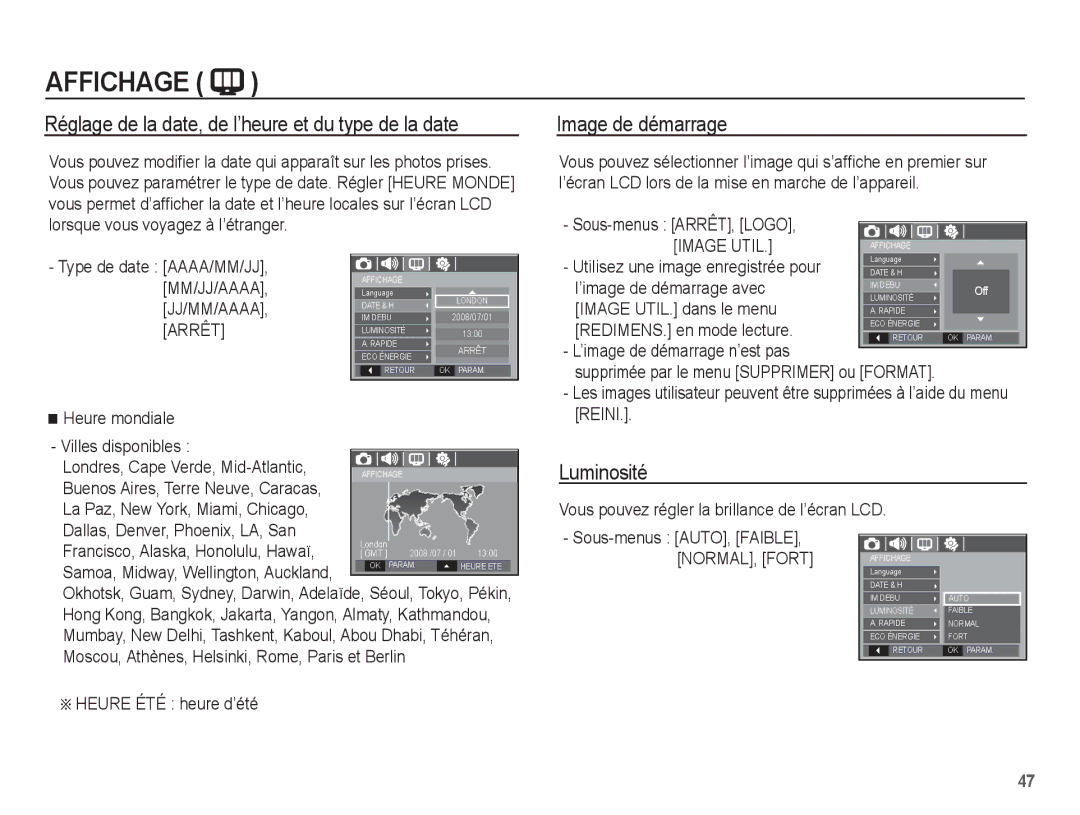 Samsung EC-S1070BBA/FR manual Réglage de la date, de l’heure et du type de la date, Image de démarrage, Luminosité 