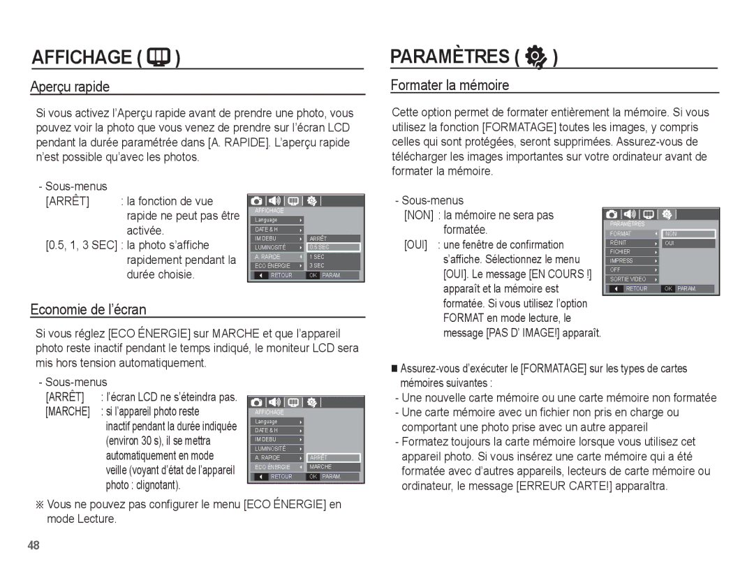 Samsung EC-S1070SBA/FR, EC-S1070BBA/FR, EC-S1070WBA/FR manual Aperçu rapide, Formater la mémoire, Economie de l’écran 