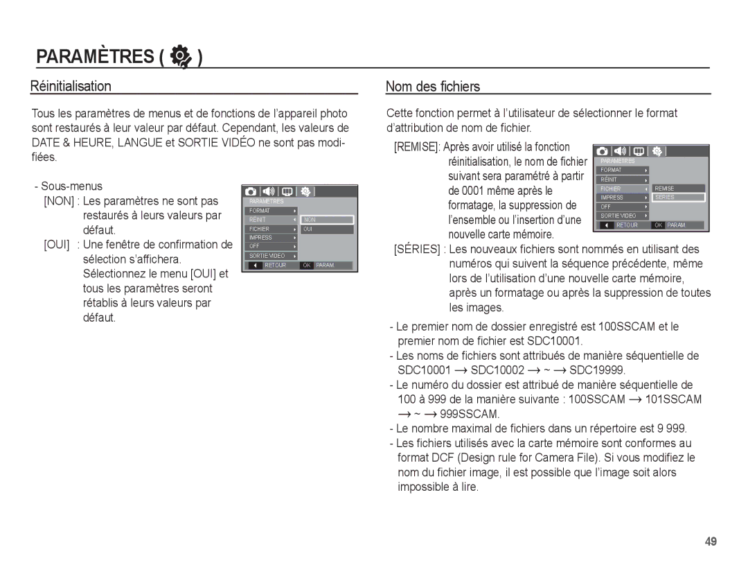 Samsung EC-S1070WBA/FR, EC-S1070BBA/FR, EC-S1070SBA/FR manual Réinitialisation, Nom des ﬁchiers, SDC10001 SDC10002 ~ SDC19999 