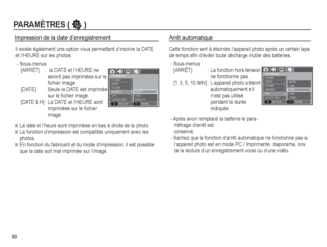 Samsung EC-S1070PBA/FR Impression de la date d’enregistrement, Arrêt automatique, La Date et l’HEURE ne, ﬁchier image 