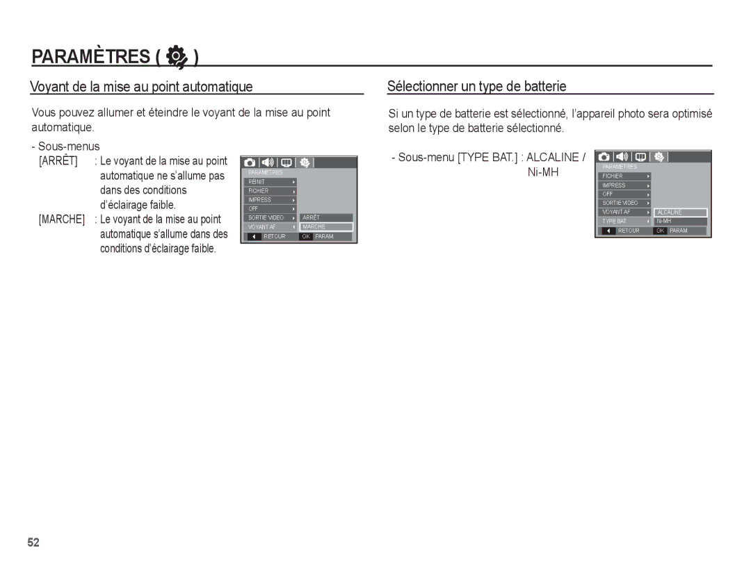 Samsung EC-S1070SBA/FR manual Voyant de la mise au point automatique, Sélectionner un type de batterie, Dans des conditions 