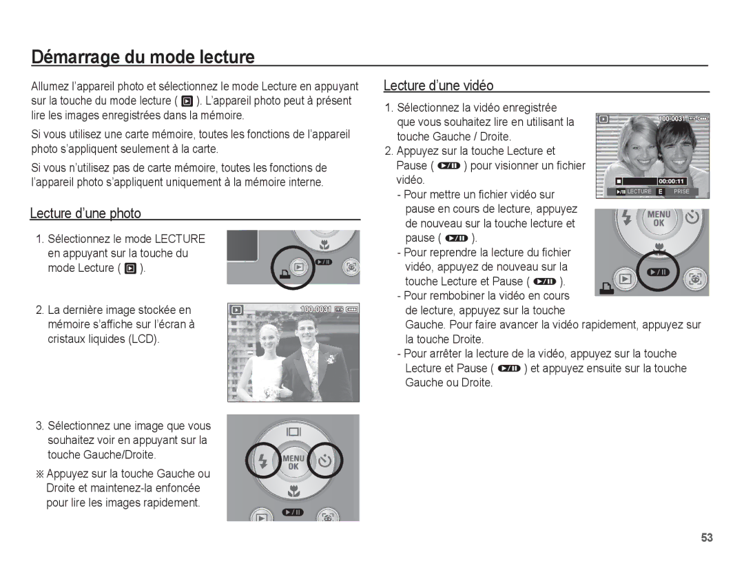 Samsung EC-S1070WBA/FR, EC-S1070BBA/FR, EC-S1070SBA/FR Démarrage du mode lecture, Lecture d’une photo, Lecture d’une vidéo 