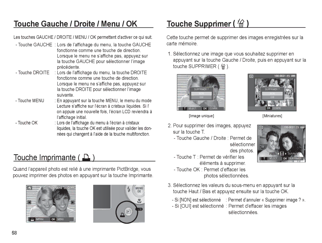 Samsung EC-S1070PBA/FR, EC-S1070BBA/FR, EC-S1070SBA/FR manual Touche Gauche / Droite / Menu / OK, Touche Supprimer Õ 