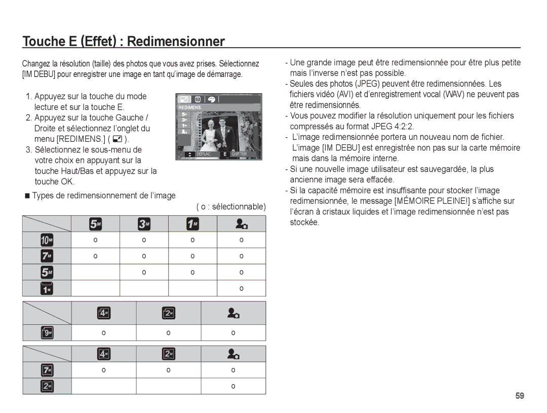 Samsung EC-S1070BBA/FR, EC-S1070SBA/FR, EC-S1070WBA/FR, EC-S1070PBA/FR manual Touche E Effet Redimensionner 