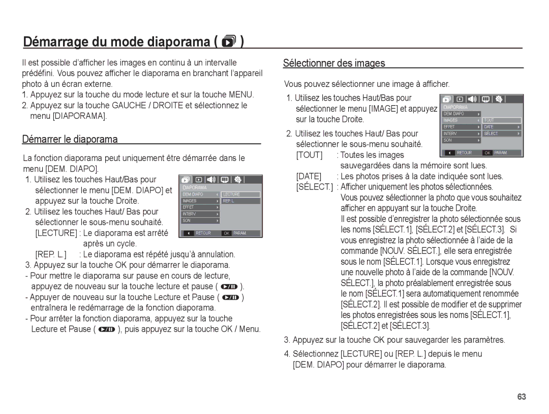 Samsung EC-S1070BBA/FR, EC-S1070SBA/FR manual Démarrage du mode diaporama , Démarrer le diaporama, Sélectionner des images 