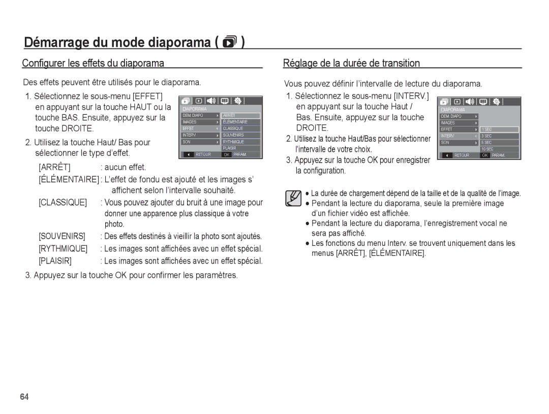 Samsung EC-S1070SBA/FR, EC-S1070BBA/FR manual Configurer les effets du diaporama, Réglage de la durée de transition 