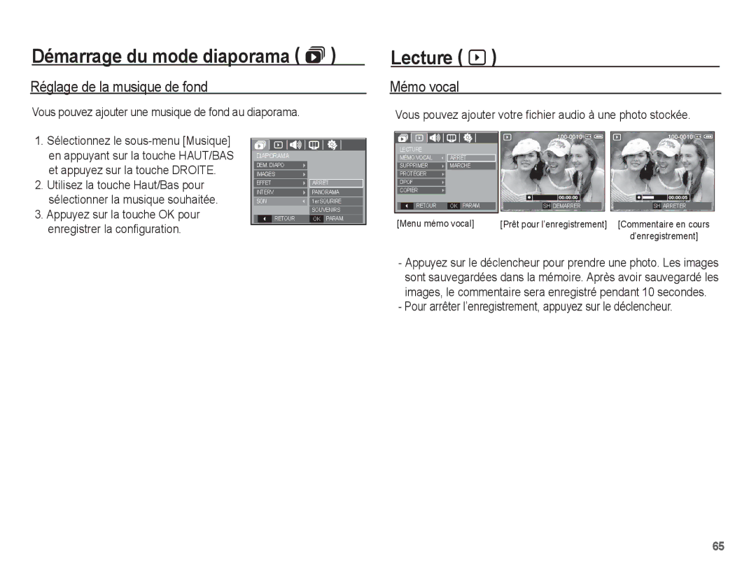 Samsung EC-S1070WBA/FR Lecture à, Réglage de la musique de fond, Vous pouvez ajouter une musique de fond au diaporama 