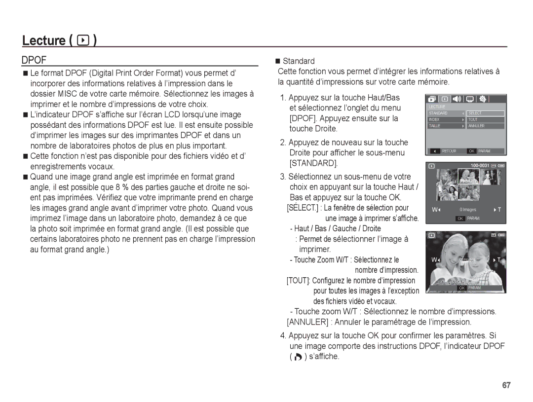 Samsung EC-S1070BBA/FR Standard, DPOF. Appuyez ensuite sur la, Touche Droite, Droite pour afficher le sous-menu, Imprimer 
