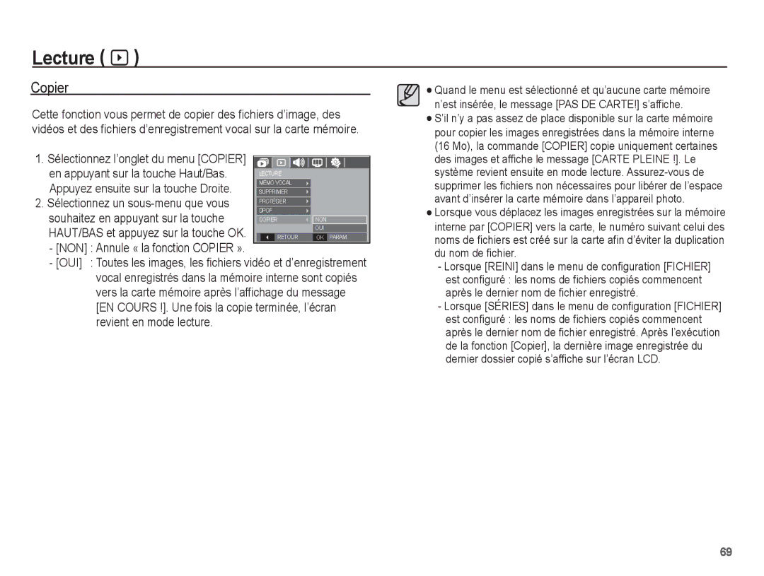 Samsung EC-S1070WBA/FR, EC-S1070BBA/FR manual NON Annule « la fonction Copier », En appuyant sur la touche Haut/Bas 