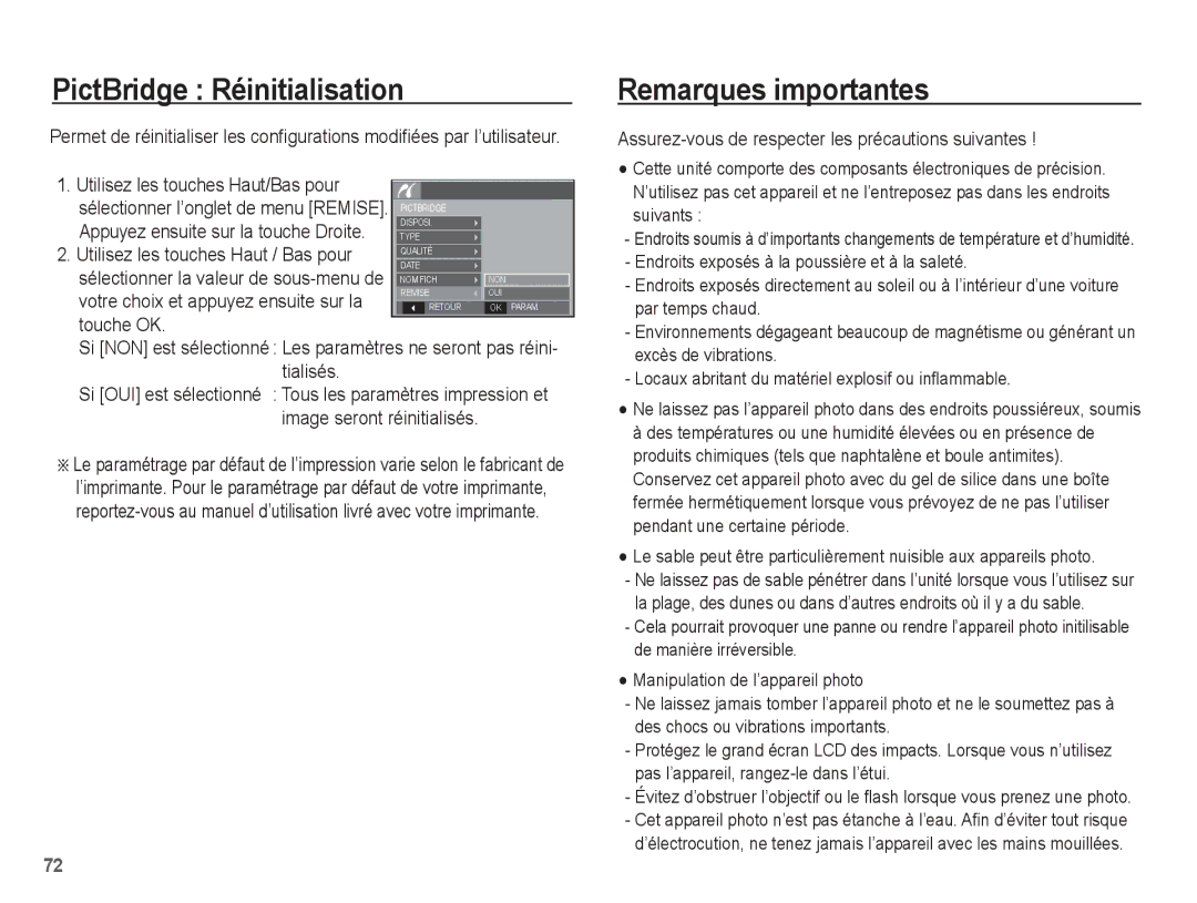 Samsung EC-S1070SBA/FR manual PictBridge Réinitialisation, Remarques importantes, Votre choix et appuyez ensuite sur la 