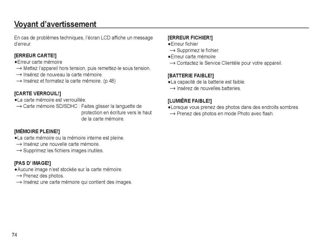 Samsung EC-S1070PBA/FR, EC-S1070BBA/FR, EC-S1070SBA/FR manual Voyant d’avertissement, La carte mémoire est verrouillée 