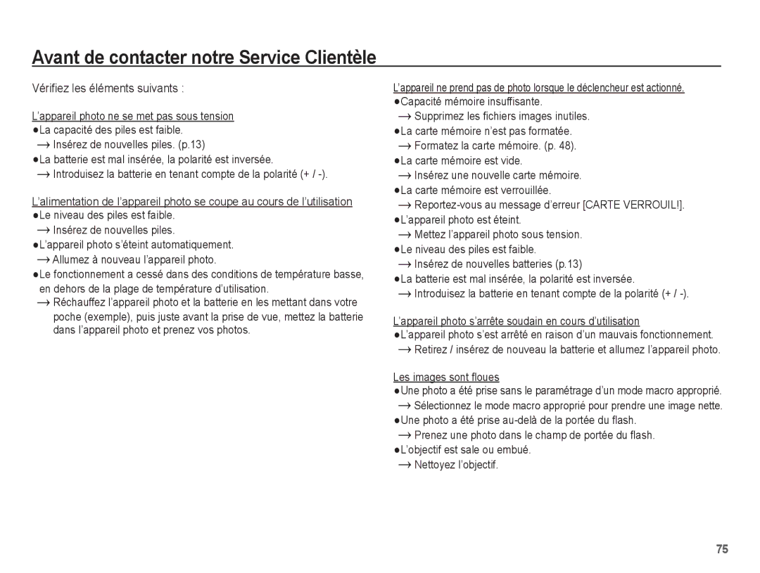 Samsung EC-S1070BBA/FR, EC-S1070SBA/FR manual Avant de contacter notre Service Clientèle, Vérifiez les éléments suivants 