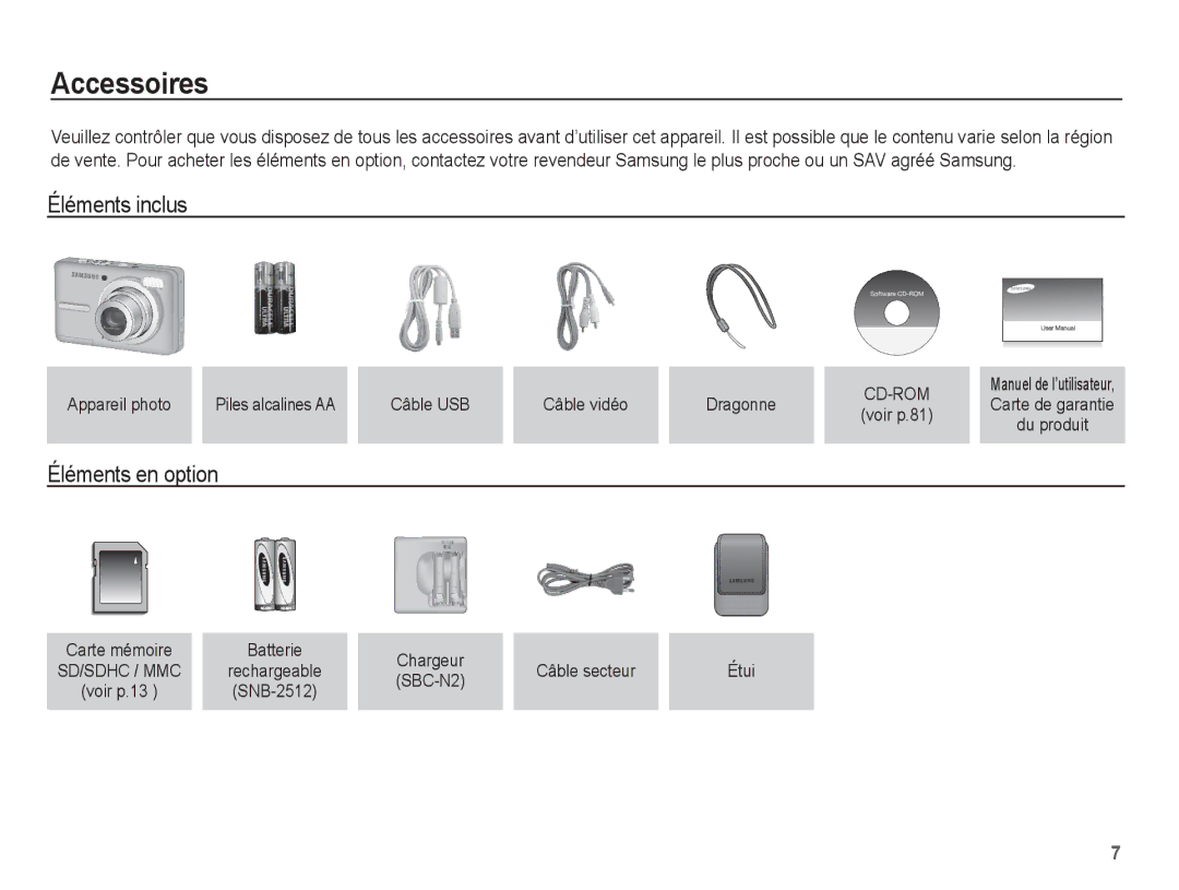 Samsung EC-S1070BBA/FR, EC-S1070SBA/FR, EC-S1070WBA/FR, EC-S1070PBA/FR manual Accessoires, Éléments inclus, Éléments en option 