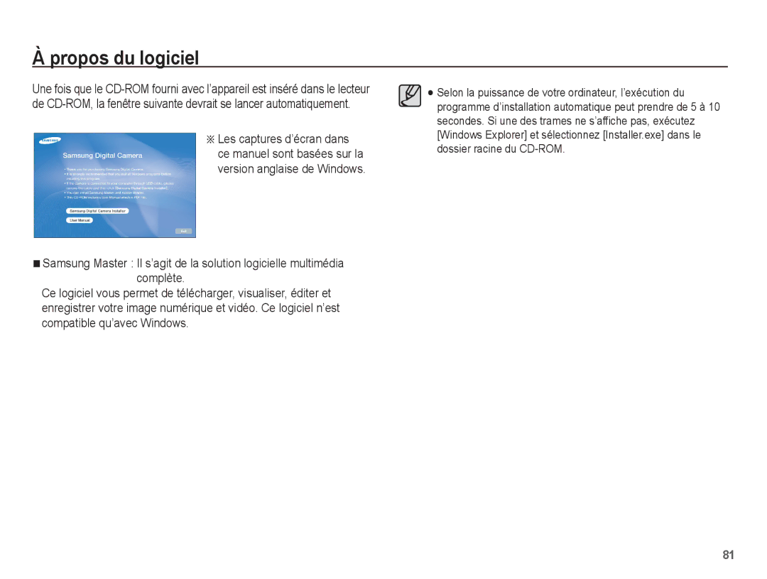 Samsung EC-S1070WBA/FR, EC-S1070BBA/FR, EC-S1070SBA/FR, EC-S1070PBA/FR manual Propos du logiciel 