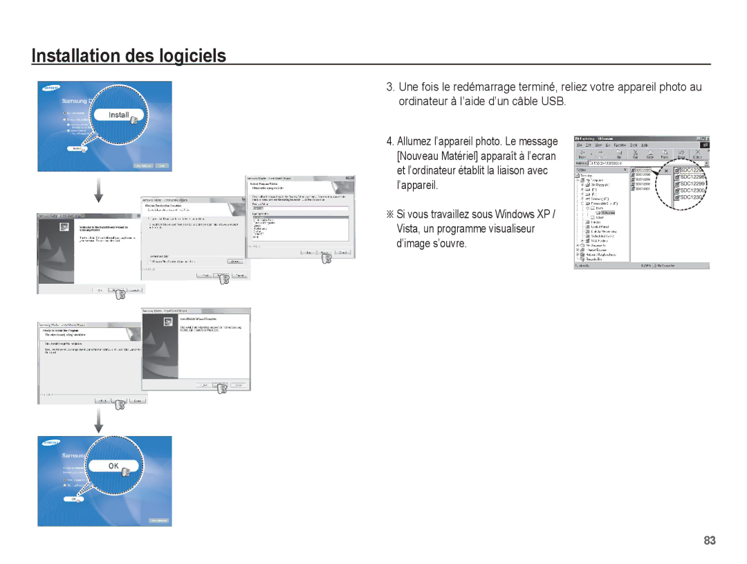 Samsung EC-S1070BBA/FR, EC-S1070SBA/FR, EC-S1070WBA/FR, EC-S1070PBA/FR manual Installation des logiciels 