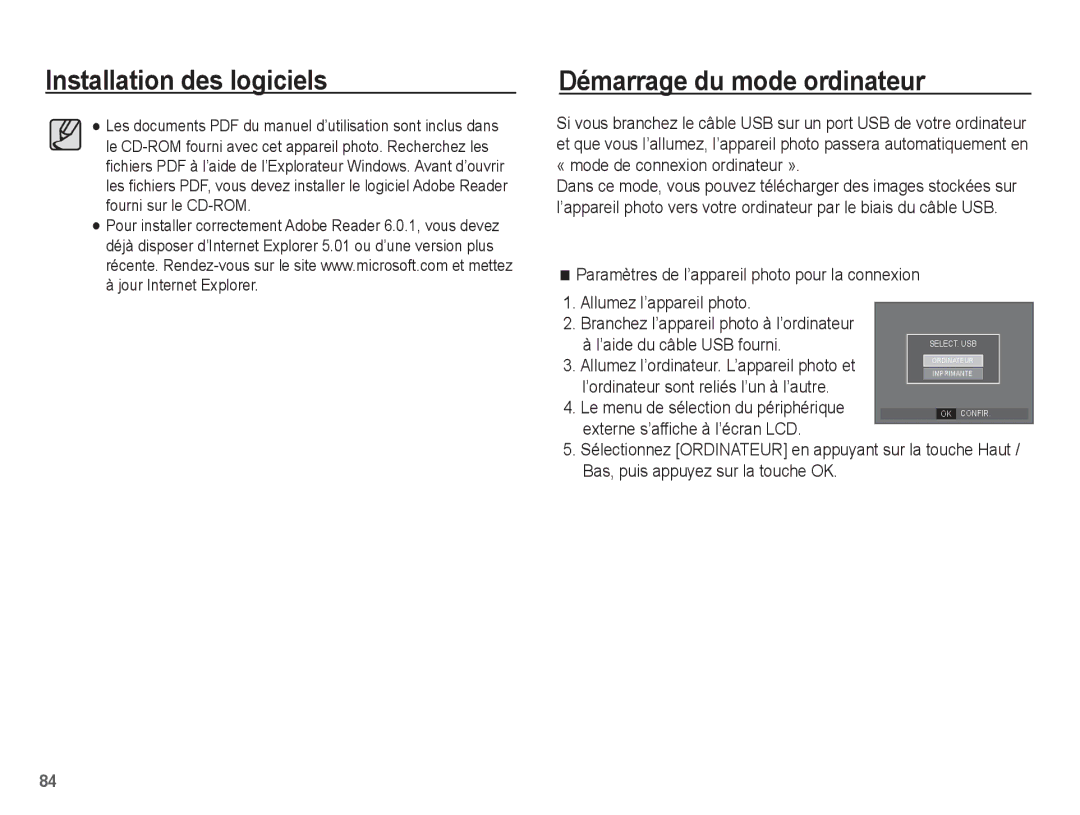 Samsung EC-S1070SBA/FR, EC-S1070BBA/FR, EC-S1070WBA/FR manual Installation des logiciels Démarrage du mode ordinateur 