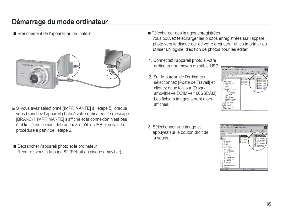 Samsung EC-S1070WBA/FR manual Branchement de l’appareil au ordinateur, Télécharger des images enregistrées, La souris 