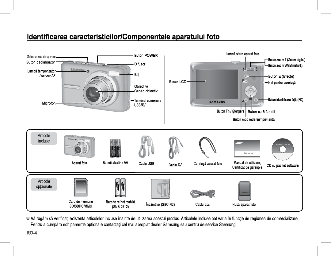 Samsung EC-S1070PBA/E2 manual Identificarea caracteristicilor/Componentele aparatului foto, Ro-, Articole opþionale 