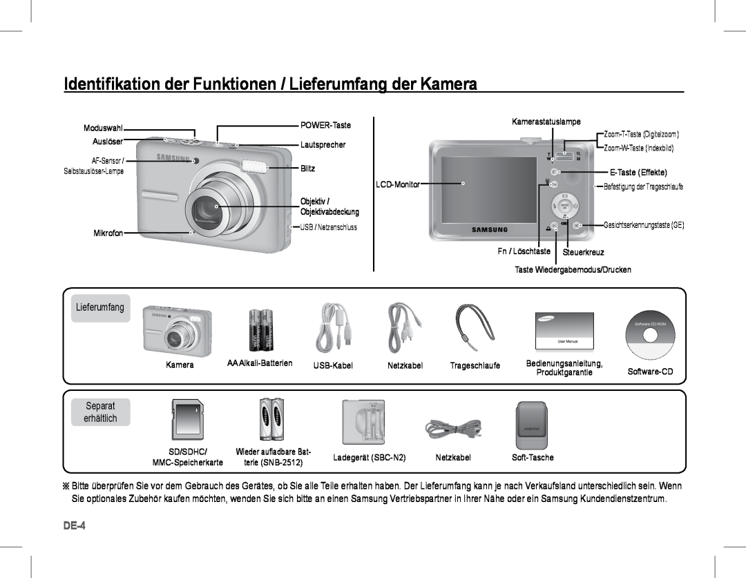 Samsung EC-S1070BBA/VN, EC-S1070BBA/FR Identifikation der Funktionen / Lieferumfang der Kamera, De-, Separat erhältlich 