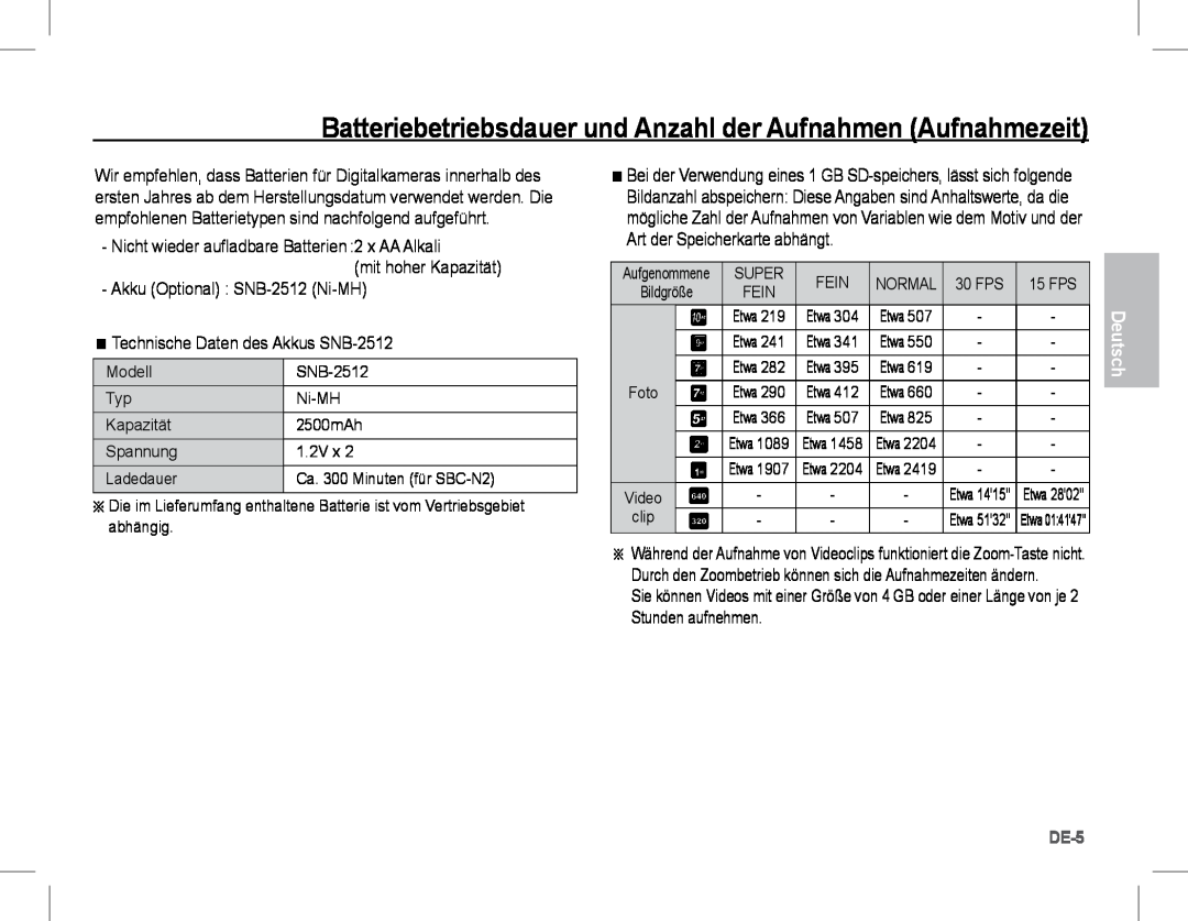 Samsung EC-S1070PBA/VN, EC-S1070BBA/FR manual Batteriebetriebsdauer und Anzahl der Aufnahmen Aufnahmezeit, De-, Deutsch 