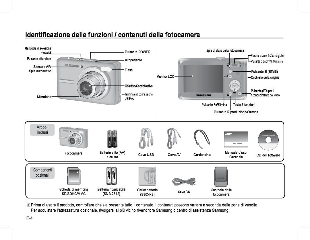 Samsung EC-S1070WDA/AS, EC-S1070BBA/FR Identificazione delle funzioni / contenuti della fotocamera, It-, Articoli inclusi 