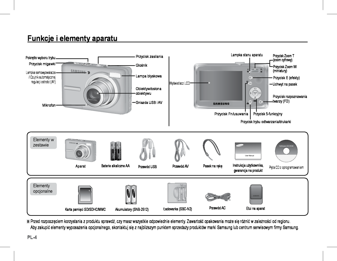 Samsung EC-S1070PDA/E3, EC-S1070BBA/FR manual Funkcje i elementy aparatu, Pl-, Elementy w zestawie, Elementy opcjonalne 