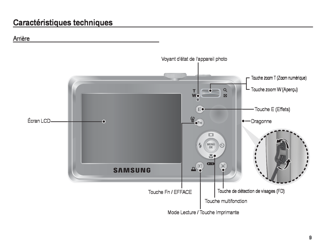 Samsung EC-S1070WBA/FR Arrière, Caractéristiques techniques, Écran LCD, Touche zoom W Aperçu Touche E Effets Dragonne 
