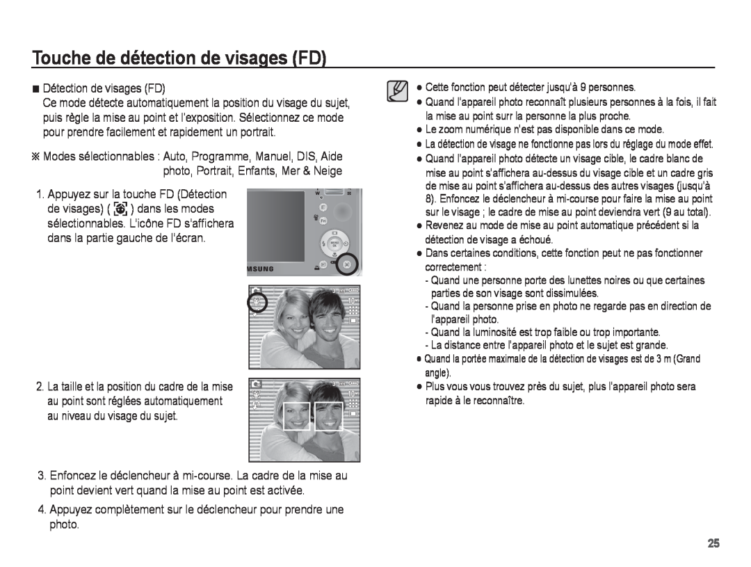Samsung EC-S1070WBA/FR, EC-S1070BBA/FR, EC-S1070SBA/FR manual Touche de détection de visages FD, Détection de visages FD 
