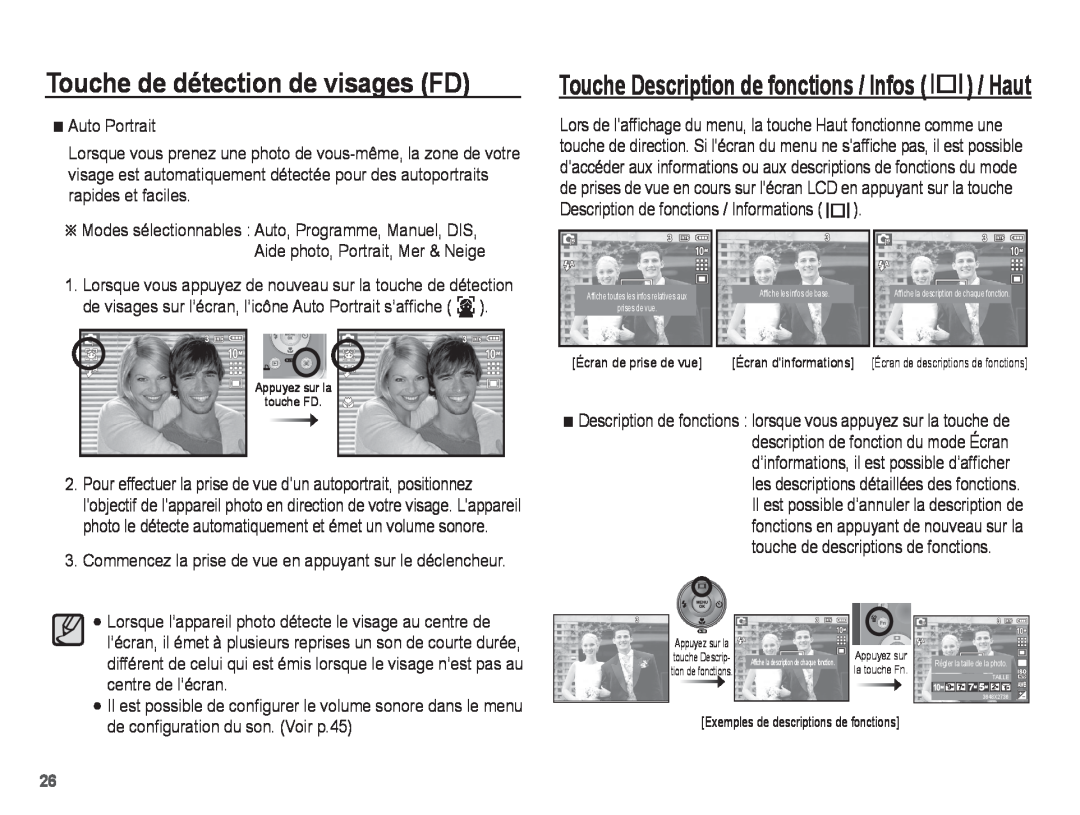 Samsung EC-S1070PBA/FR Touche de détection de visages FD, Touche Description de fonctions / Infos / Haut, Auto Portrait 
