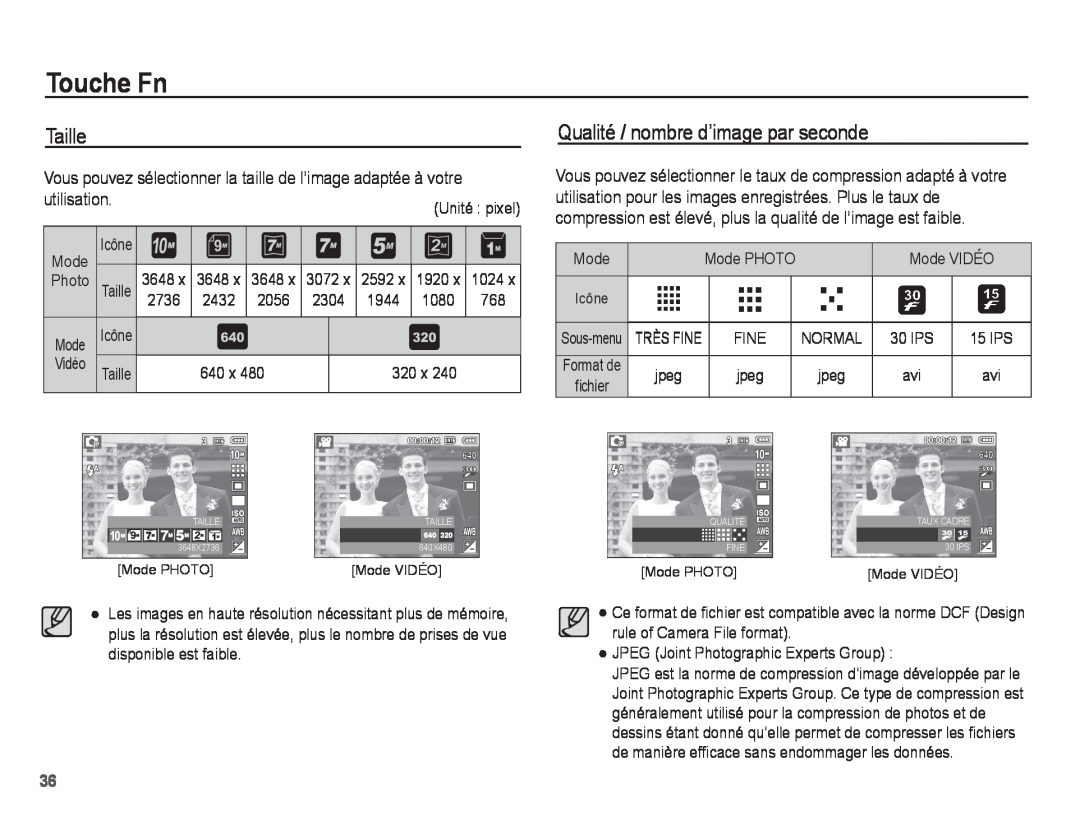 Samsung EC-S1070SBA/FR, EC-S1070BBA/FR, EC-S1070WBA/FR manual Taille, Qualité / nombre d’image par seconde, Touche Fn 