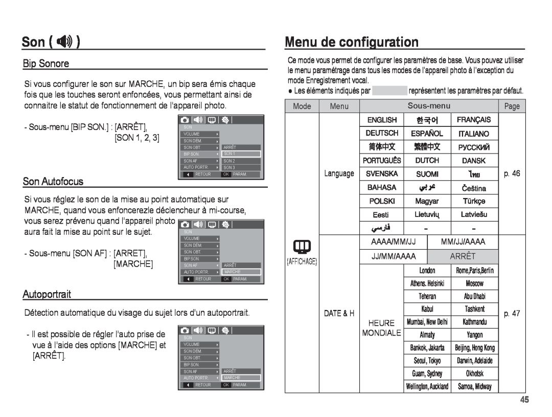 Samsung EC-S1070WBA/FR manual Menu de conﬁguration, Bip Sonore, Son Autofocus, Autoportrait, Son , Sous-menu SON AF ARRET 